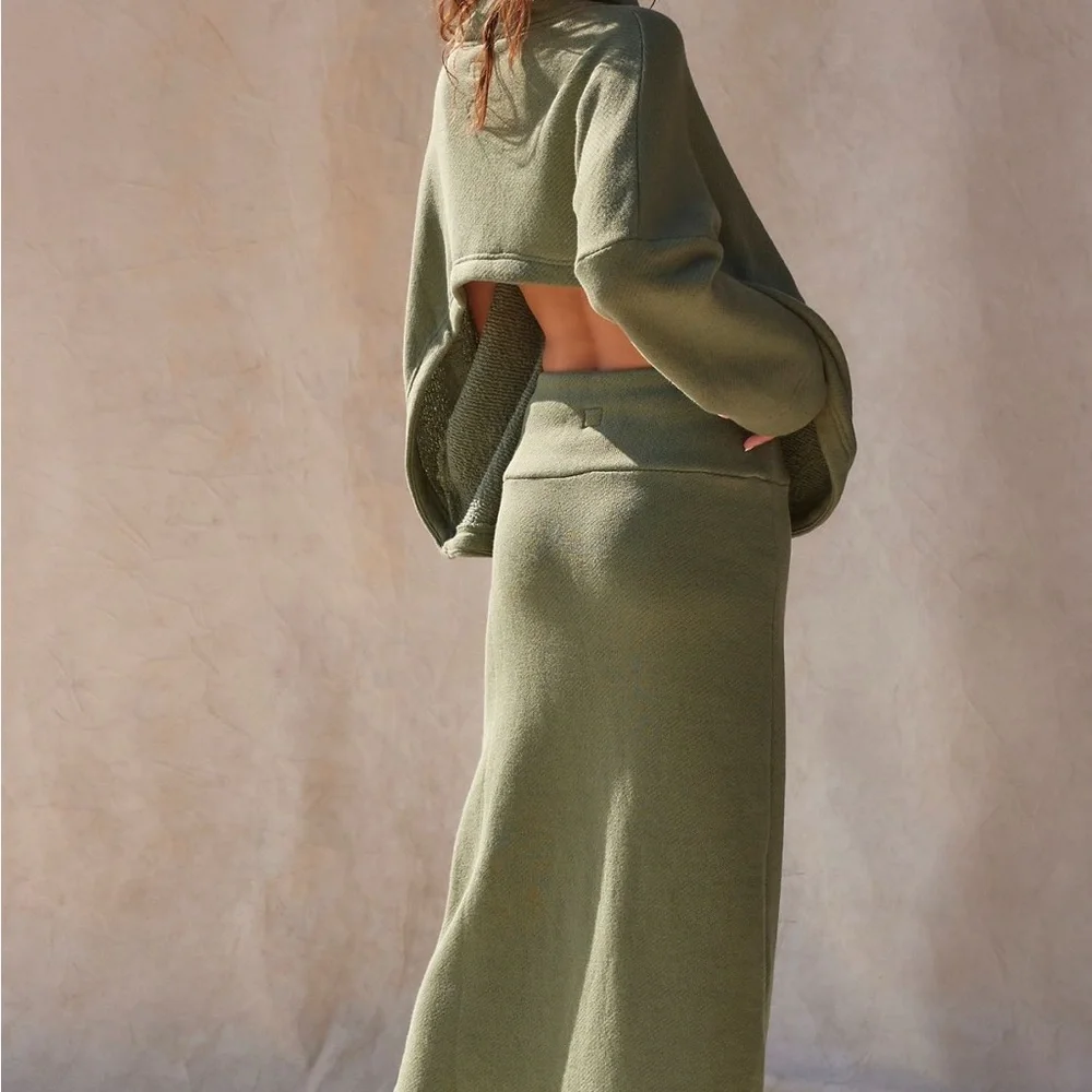 Free People Olive Green Cozy Knit Maxi Skirt and Sweatshirt Set - Picture 3 of 7